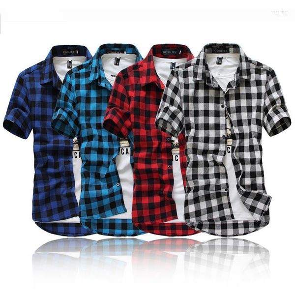 Moda estiva Chemise Homme Camicie a scacchi da uomo Camicia a maniche corte Camicetta da uomo Plaid rosso e nero Y Casual da uomo Vere22