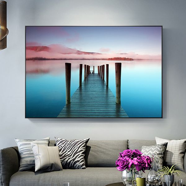 Sonnenuntergang Pier Ozean Landschaft Leinwand Malerei Natürliche Meereslandschaft Druck Poster Nordic Wand Kunst Bilder Wohnzimmer Dekor