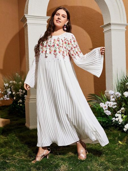 

plus floral flounce sleeve pleated dress s1ey#, Black