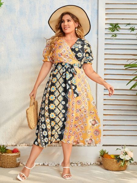

plus geo print puff sleeve belted dress 50ul#, Black
