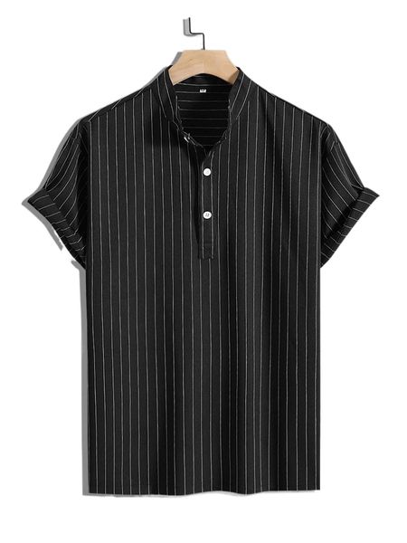 

men vertical striped half button shirt 70b1#, White;black