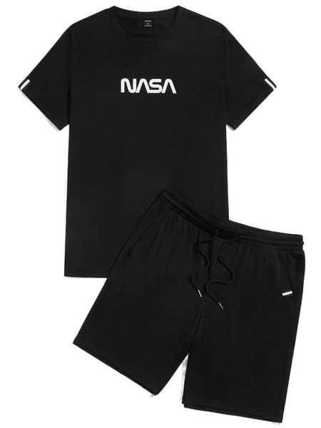 

men letter graphic tee & drawstring waist shorts r92o#, Gray