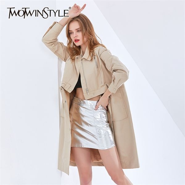 

twotwinstyle casual patchwork jacket for women lapel long sleeve two wear soldi korean windbreaker female fashion spring 210517, Tan;black