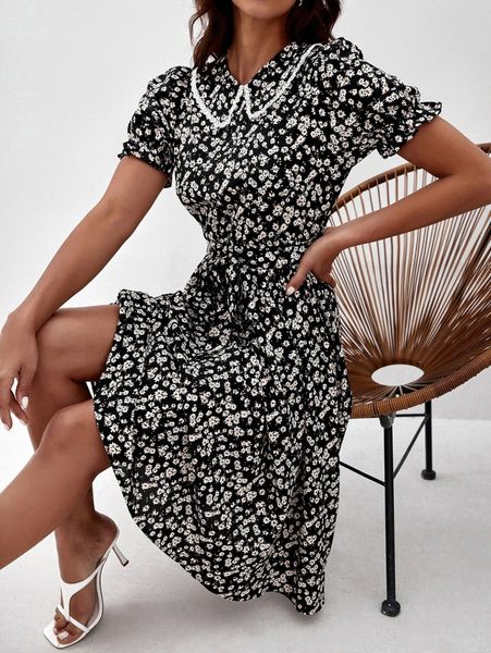 

floral print belted peter pan collar dress e1mg#, Black;gray