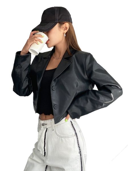 

dazy lapel neck pu crop jacket e4jy#, Black;brown