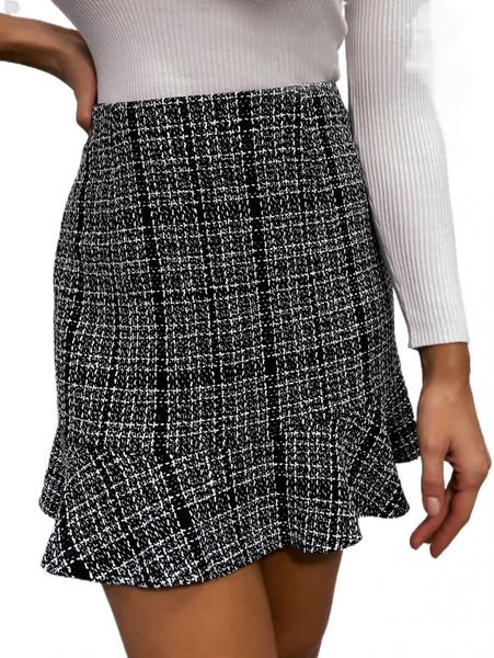 

plaid pattern ruffle hem tweed skirt n44v#, Black