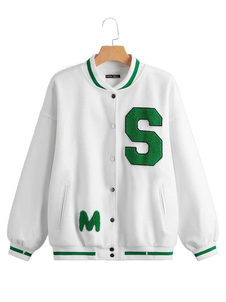 

letter patched snap button front bomber jacket 53fr#, Black;brown