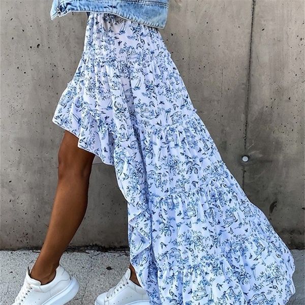 

bohemian women long skirt asymmetrical beach style floral printed high waist ladies casual skirt ins skirts faldas spring 220701, Black