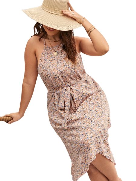 

plus ditsy floral print belted cami dress y1hc#, Black