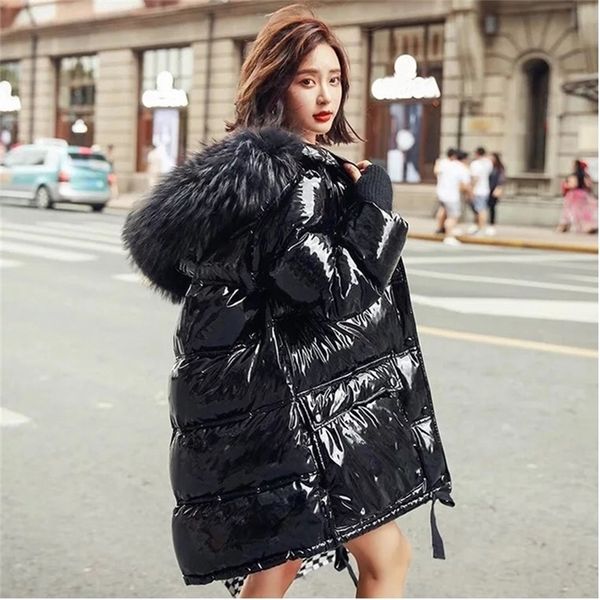 

fitaylor real natural fur patent leather winter jacket women thicken long down parka hooded female duck down waterproof coat 201208, Black