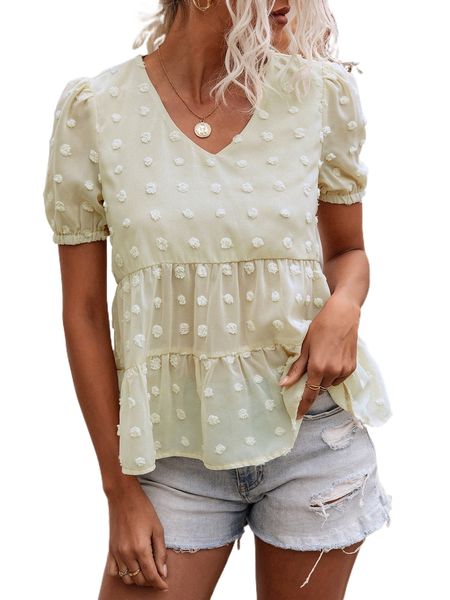 

swiss dot puff sleeve peplum chiffon blouse 29rf#, White