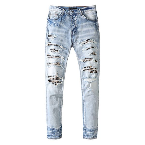 

jeans men designer pants for middle waist slim fit leopard patch long blue printing cotton fashion self-cultivation make old washing high st