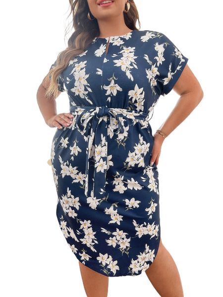 

plus floral print batwing sleeve curved hem belted dress x4n3#, Black