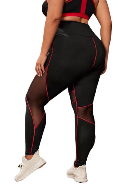 

plus mesh insert contrast binding sports leggings e2gf#, Black