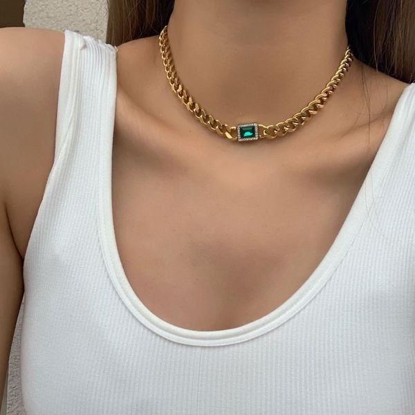 Ketten AENSOA Punk Edelstahl Dicke Kette Halskette für Frauen Top Grade Grün Kristall Kragen Chunky Choker Schmuck