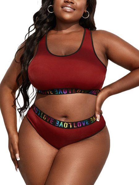 

plus letter tape panel lingerie set k033#, Black;white