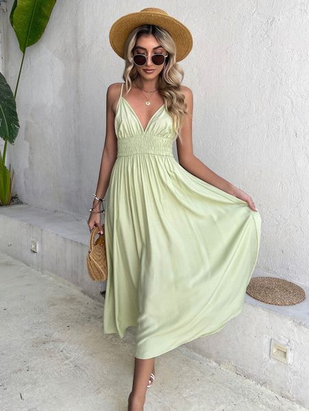 

shirred waist backless cami dress o20r#, Black;gray