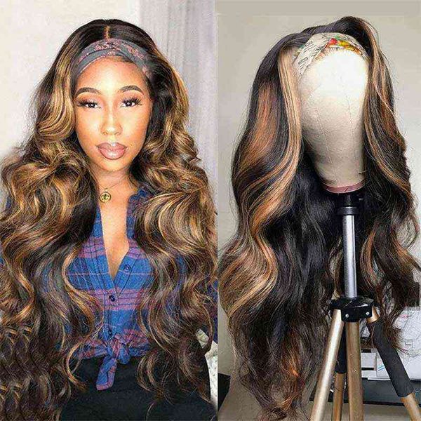 

ombre highlight colored full machine made wig brazilian remy gluesless body wave long headband human hair wig 150 density 220719, Black