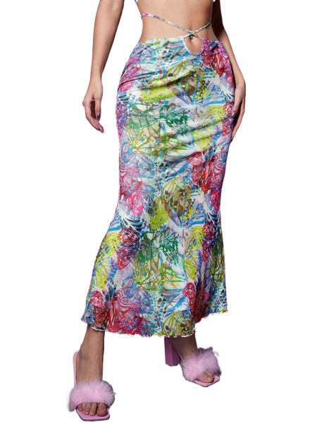 

butterfly print lettuce trim skirt g0iw#, Black