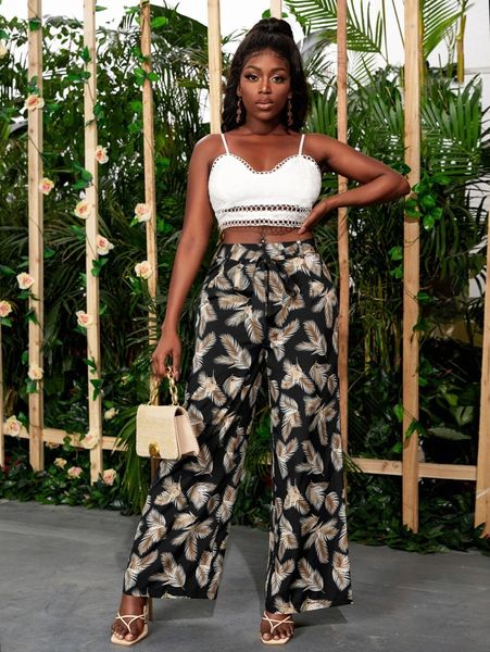 

feather print wide leg pants k7uo#, Black;white
