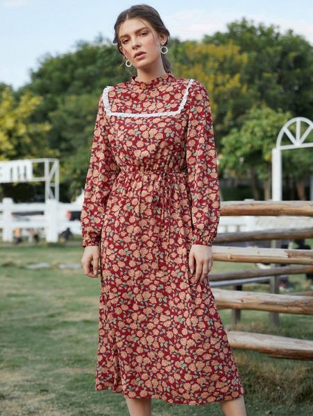 

allover floral print lace trim stand collar belted dress 38z2#, Black;gray