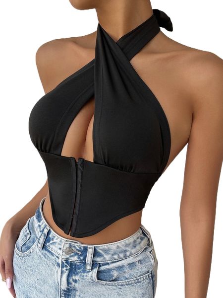 

crisscross tie backless asymmetrical hem halter x66g#, White