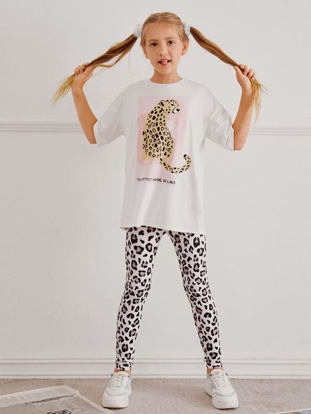 

girls drop shoulder slogan & leopard print & leggings set she, White