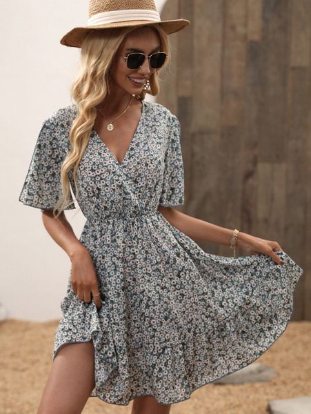 

ditsy floral print butterfly sleeve ruffle hem dress e5ro#, Black;gray