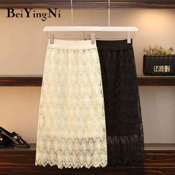 

women vintage skirt plus size lace high elastic waist spring summer midi s lady solid black hollow out 4xl 210427