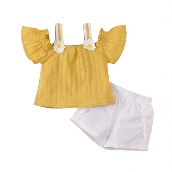 

girls clothing sets baby suits kids clothes children outfits wear children's flower suspenders pants shorts two-piece summer e1588, White