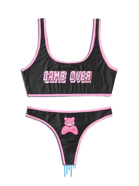 

romwe altspo letter cartoon graphic contrast binding lingerie set 10r7#, Black;red