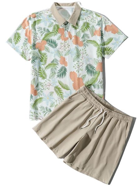

men random tropical print contrast collar polo shirt & shorts j2ij#, Gray