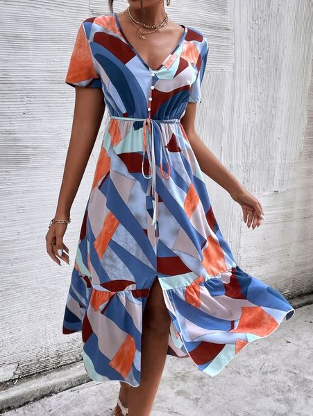 

graphic print split hem dress q4wi#, Black;gray