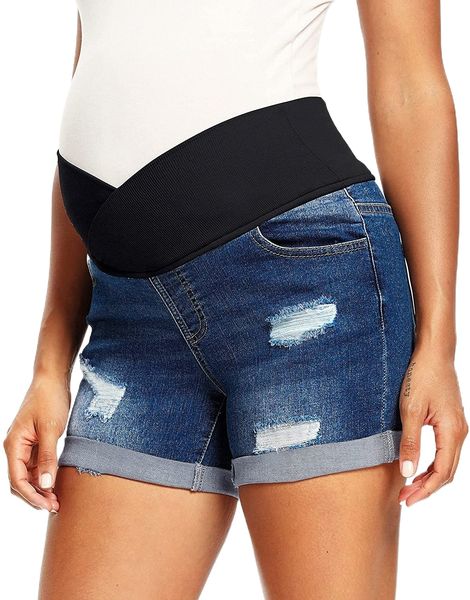 

women's maternity fit belly denim jean shorts pregnancy summer blue short pants 73aq#, White;black