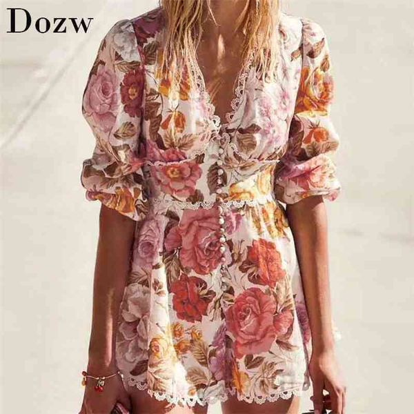 Sommer Boho -Stil Blumendruck Spielanzug Frauen Spitzen Patchwork Sexy Deep V Neck Beach Jumpsuit Lady Lantern Sleeve Strampler 210515