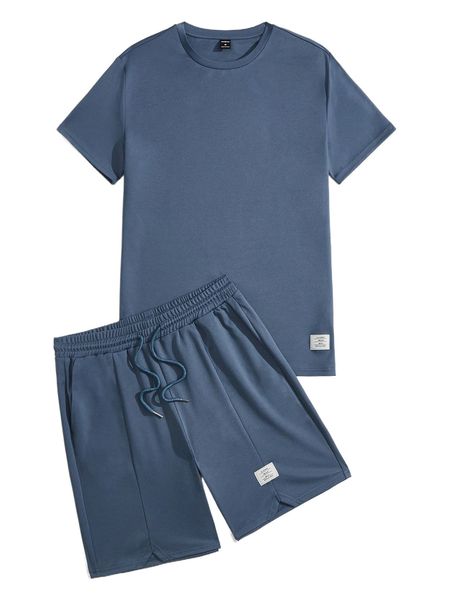 

men patch detail tee & drawstring waist shorts w3bd#, Gray