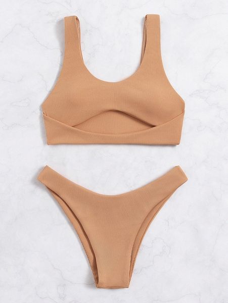 

plain cut-out rib bikini swimsuit 888j#, White;black