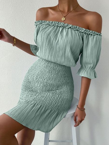 

off the shoulder frill trim shirred dress g0ij#, Black;gray