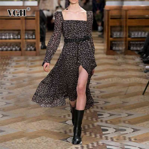 

elegant print floral dress for women square collar long sleeve high waist sashes irregular hem dresses female fashion 210507, Black;gray