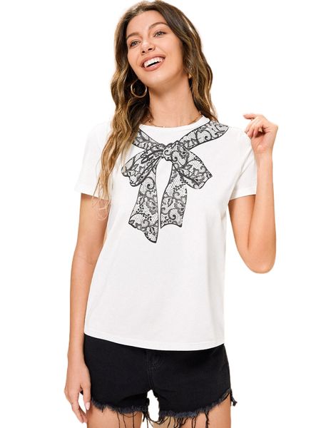 

x mina bow & scroll print tee t22q#, White