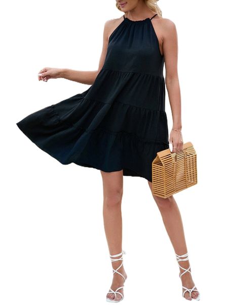 

solid tie back ruffle hem dress s4rn#, Black;gray