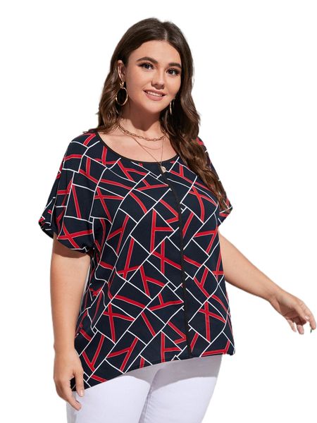 

plus geo print batwing sleeve blouse u7sx#, Black
