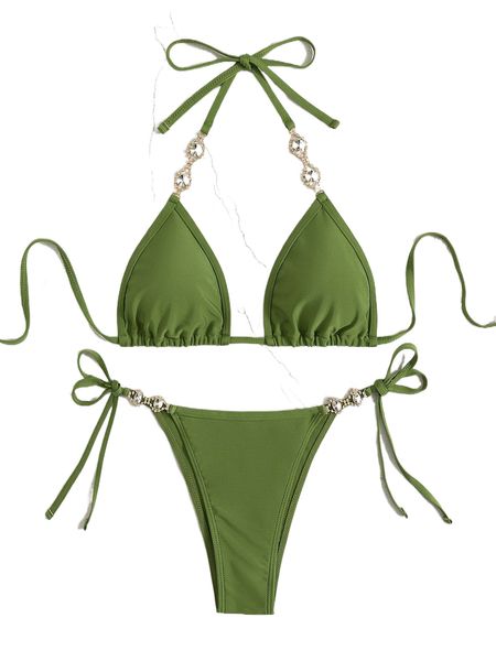 

fake gem decor tie side bikini swimsuit t3fc#, White;black