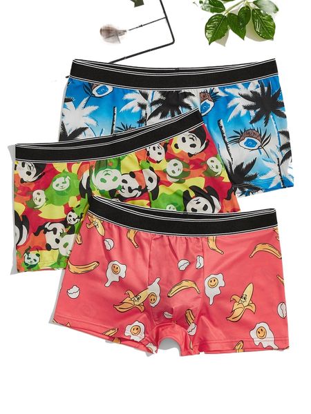 

men 3pcs random cartoon & coconut tree print boxer brief 54lf#, Black;brown