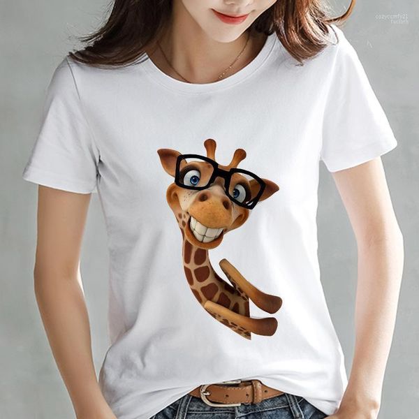 Camisa Mulheres Kawaii Giraffe impressa Camiseta branca de verão moda Hiajuku Seção fina Seção fofa Tops femininos Tops Roupos1