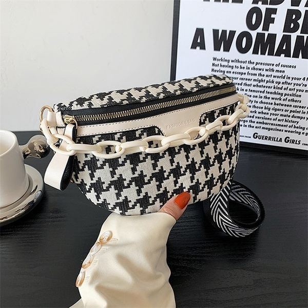 

elegant houndstooth canvas and pu waist bags for women chain fanny packs female stylish waist pack wide strap crossbody belt bag 220808