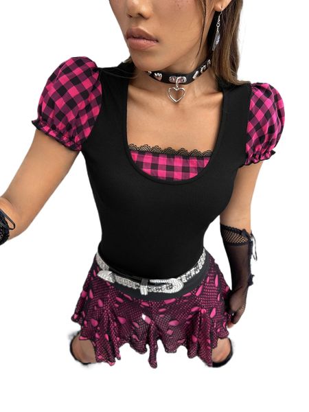 

plaid contrast lace tee z7tb#, White