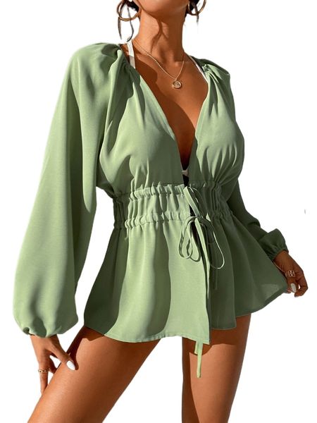 

lantern sleeve drawstring waist kimono z2ij#, White;black