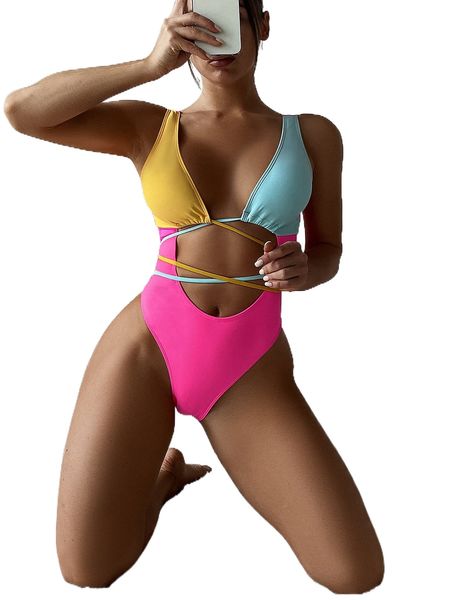 

color block cut-out lace up one piece swimsuit f1fw#, White;black