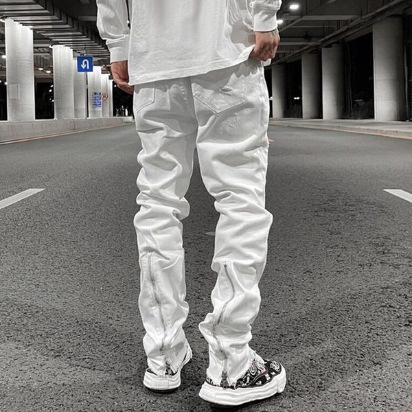 

back zipper hole ripped white jeans pants mens straight washed retro oversized casual denim trousers, Blue